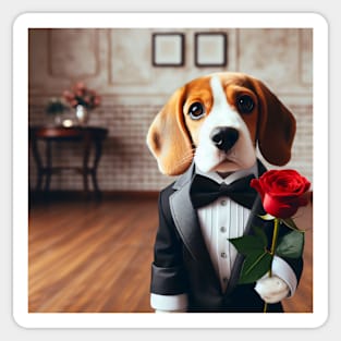 Beagle dog in formal tuxedo carrying red rose Sticker